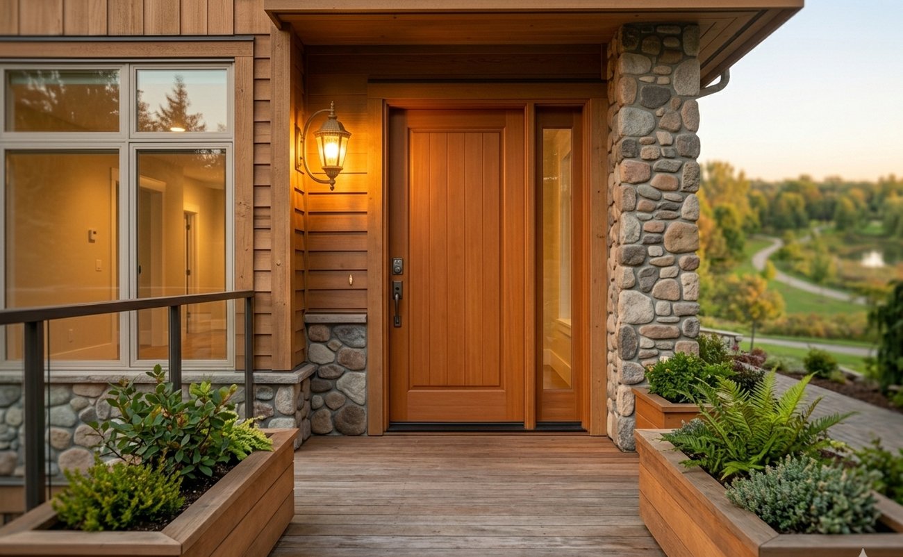 A welcoming wood front door with stone surround at golden hour