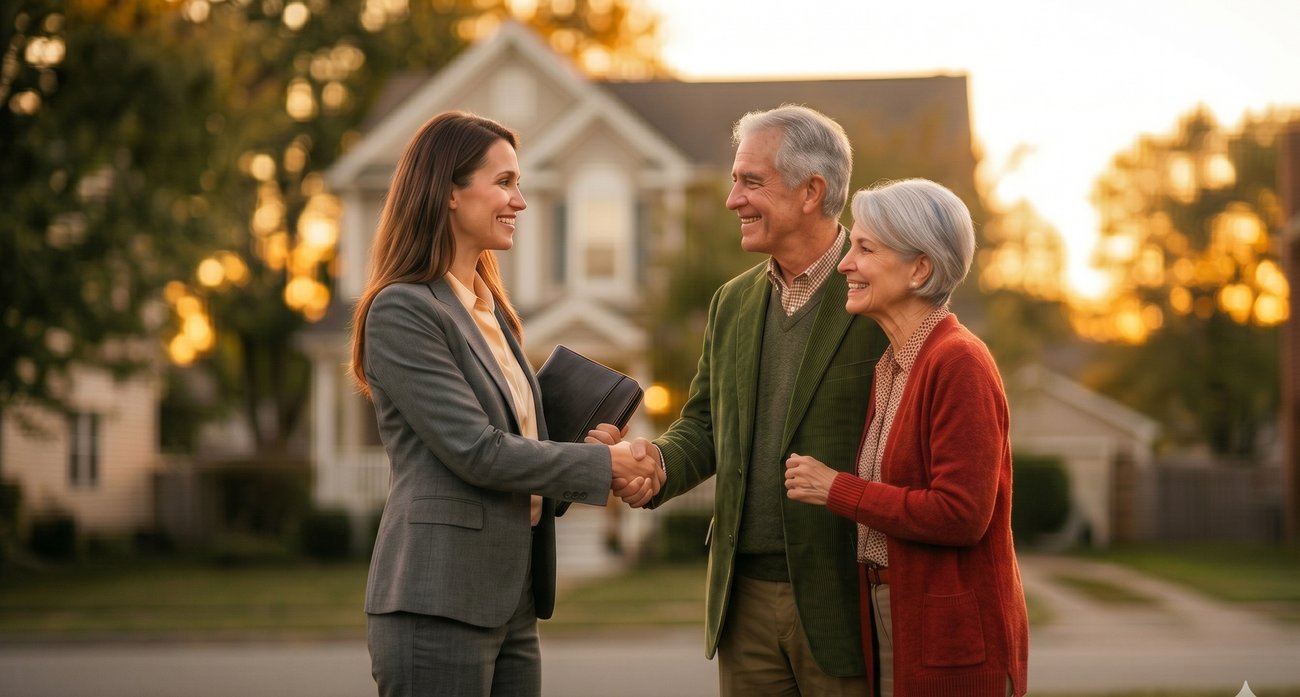 A real estate agent shaking hands with a happy senior couple outside a home