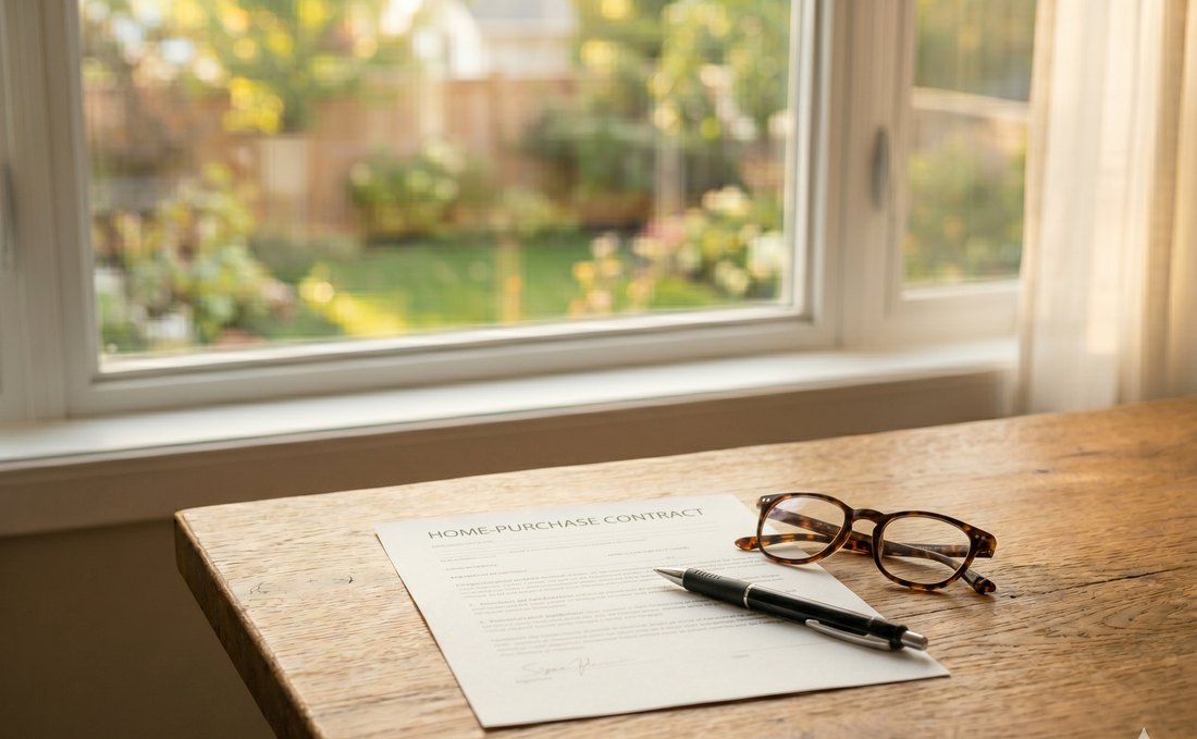 A home-purchase contract with a pen and reading glasses on a sunlit wood table