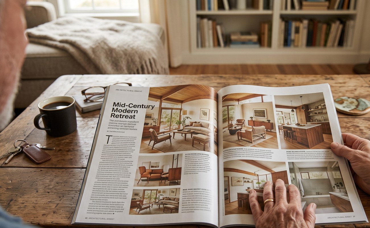 A relaxed senior couple reading a home design magazine over coffee in a bright living room