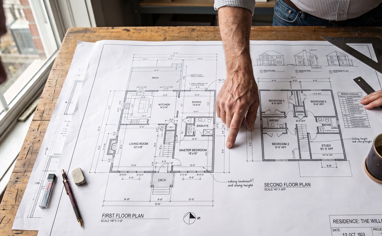 A senior couple reviewing architectural floor plans for their next home at a sunlit table